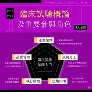 Read more about the article <開放報名中> 2025/2/17 (星期一)～2/20 (星期四)【臨床試驗系列】臨床試驗概論及重要參與角色